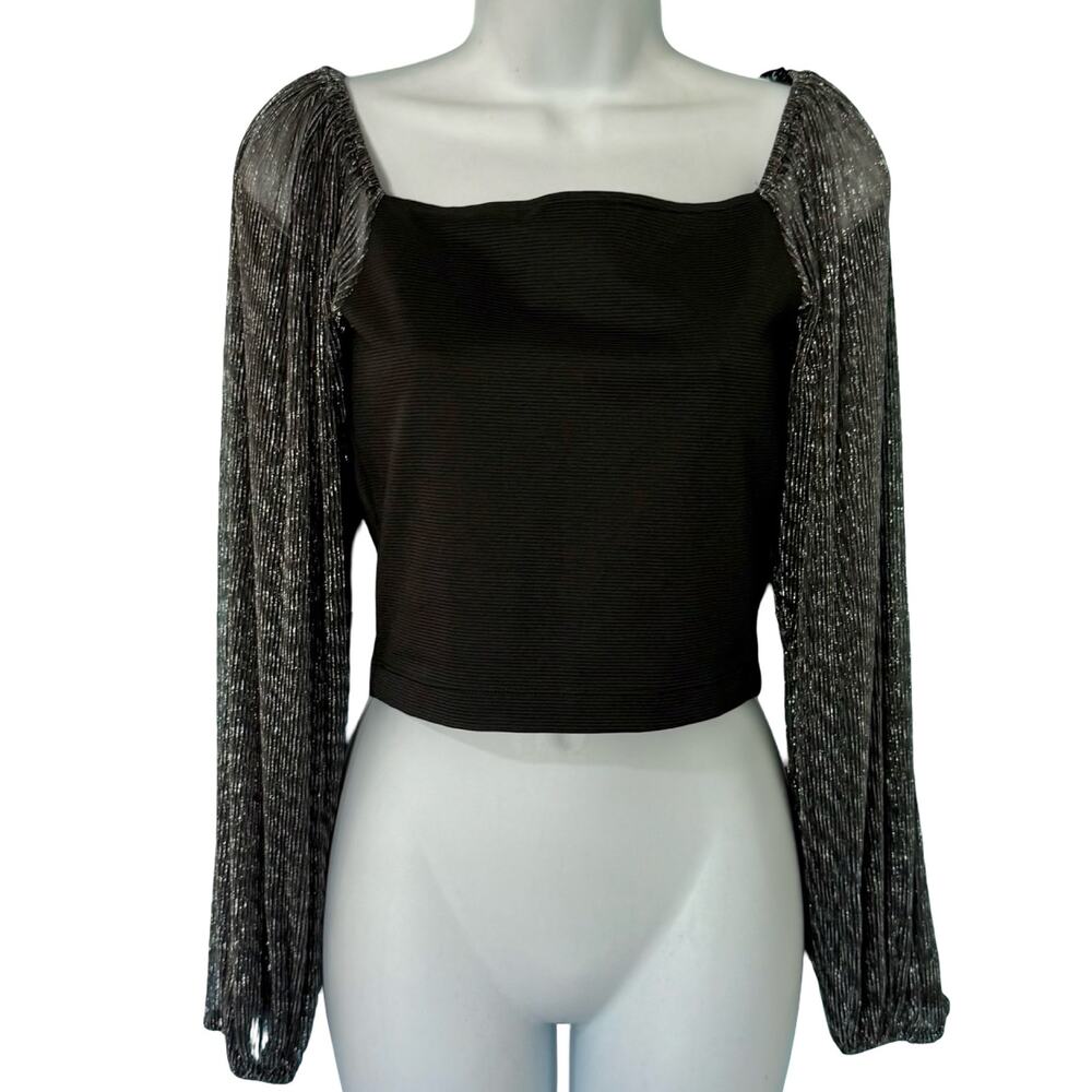 White Fox Black Silver Shimmer Square Neck Long Bishop Sleeve Crop Top size S